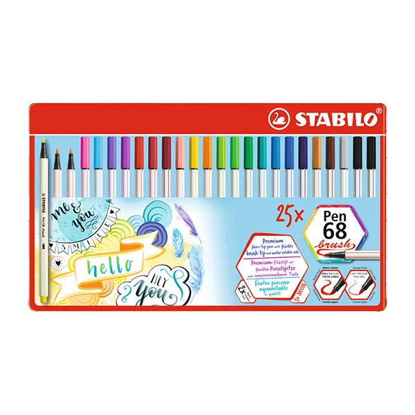 STABILO Pen 68 Brush ecsetfilc szett 25 darabos, elegáns fémdobozban. A képen a filctollak színes választéka látható, ideális kalligráfiához és művészeti célokra.